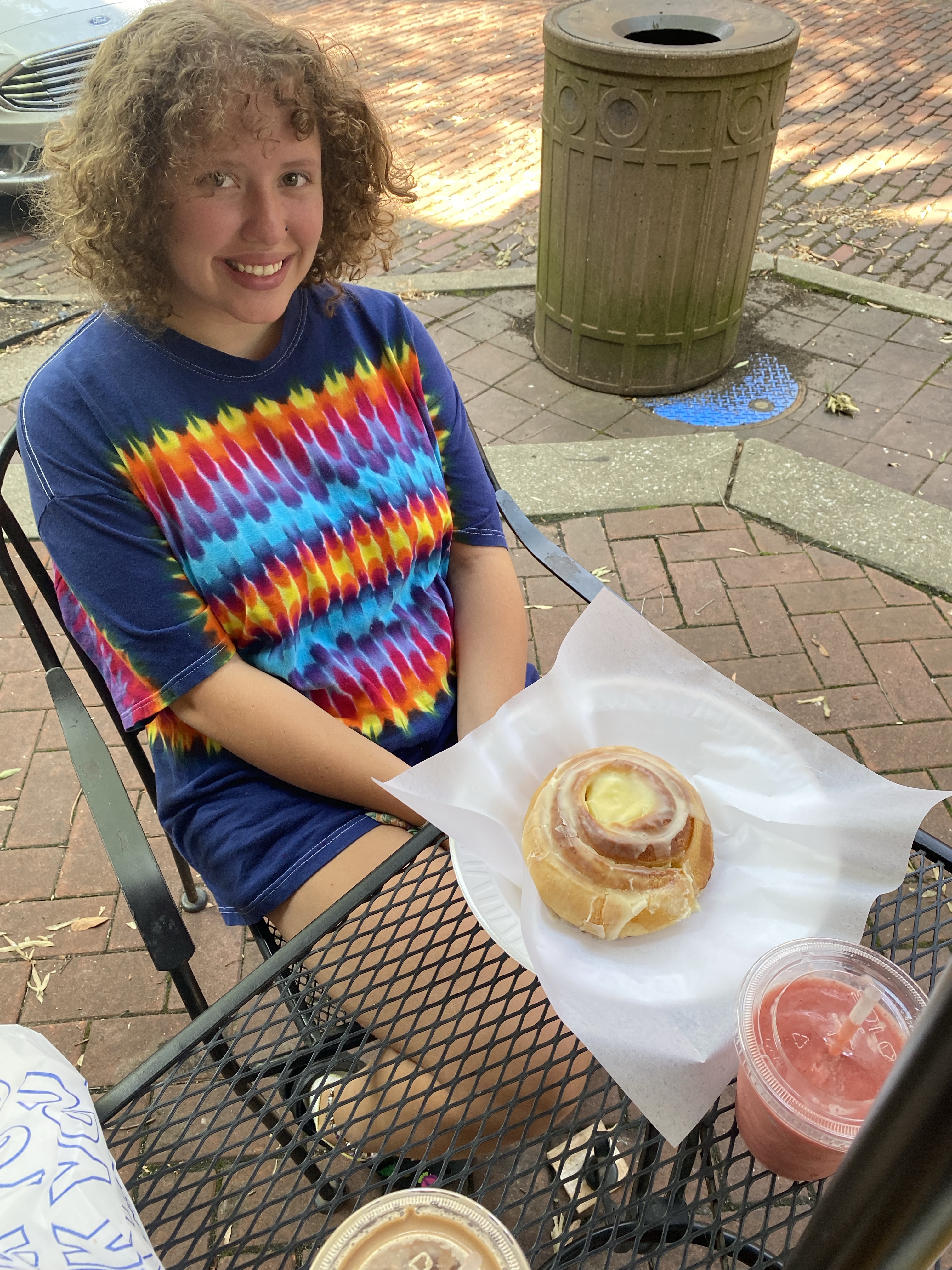 Orange Cream Cinnamon Roll from Kirchoff's Bakery and Banana Strawberry Smoothie from Etc